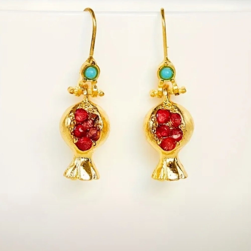 Bohemian Gold and Red pomegranate Earrings - Picture 3 of 4